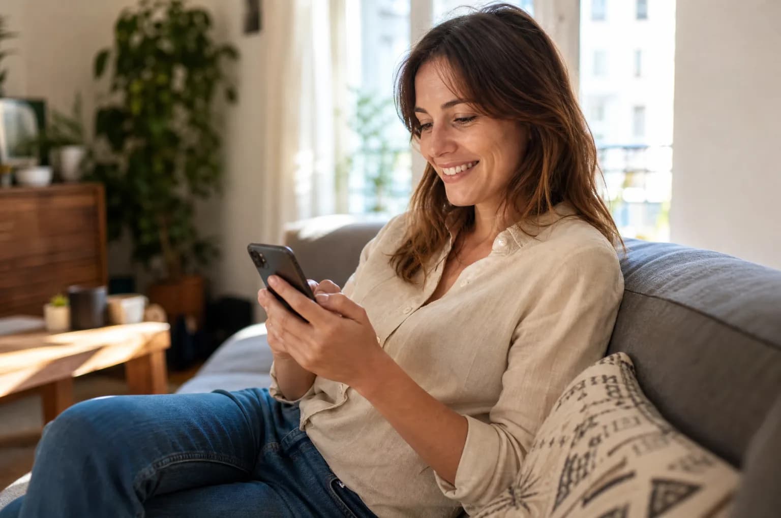 Une femme consulte une application de santé sur son téléphone, dans son salon