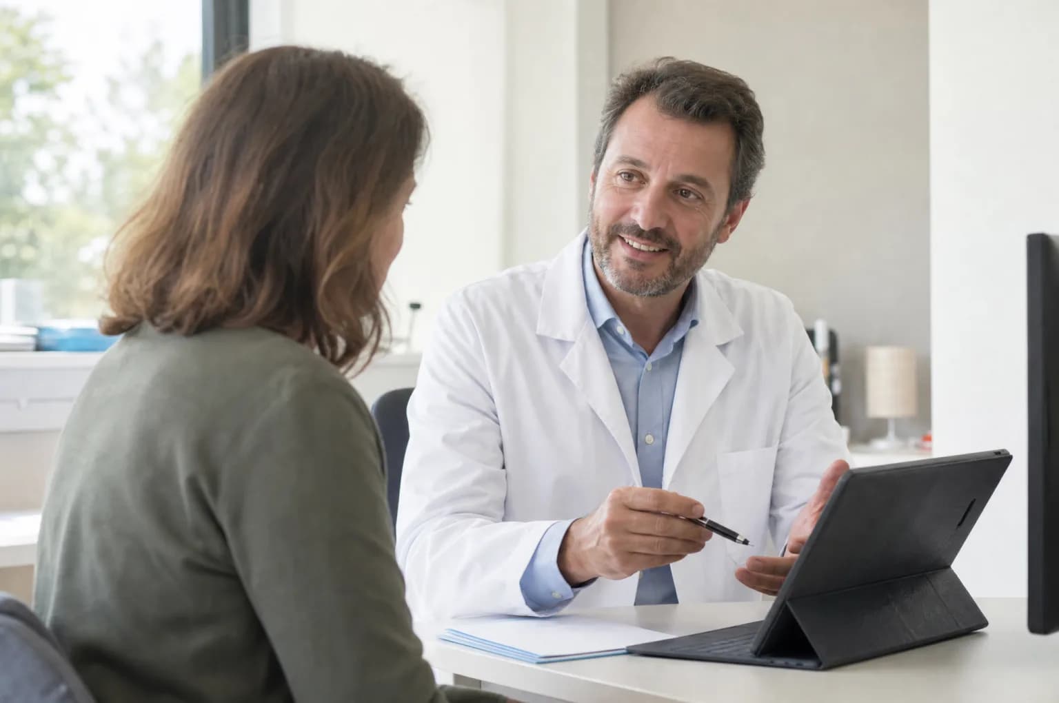 Un médecin spécialiste explique un plan de soins à un patient dans son cabinet
