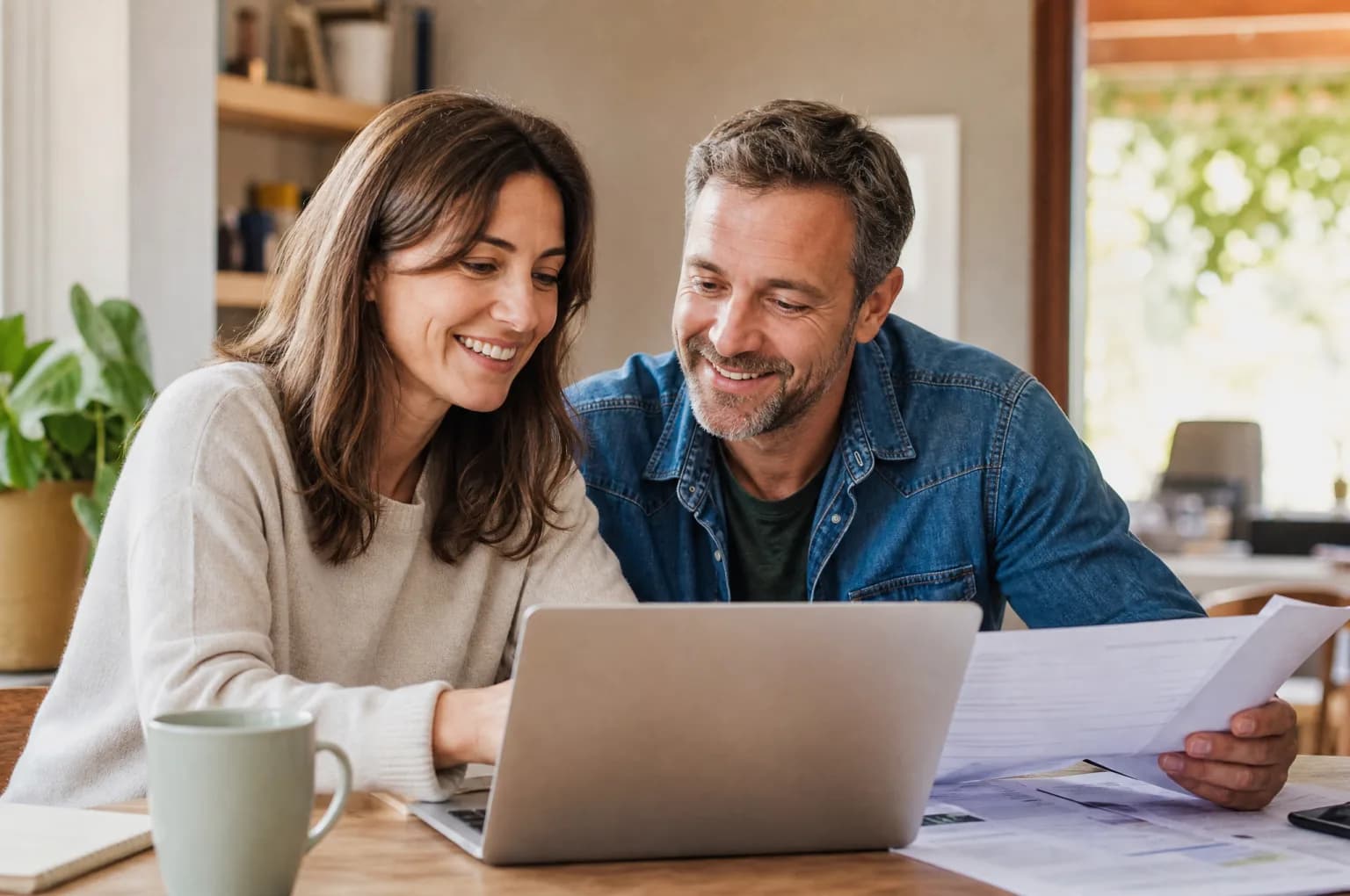 Un couple fait ses comptes à table avec un ordinateur portable et des papiers