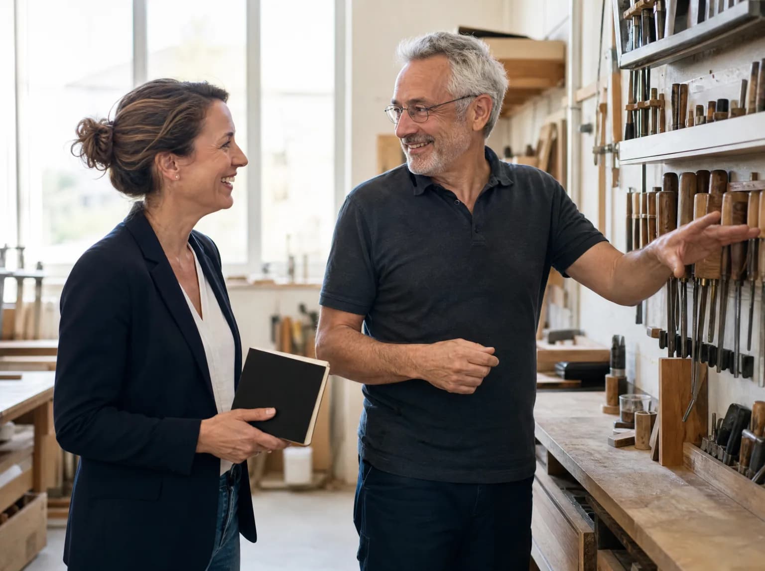 Une future repreneuse rit avec le cédant qui lui montre un râtelier d'outils dans l'atelier.