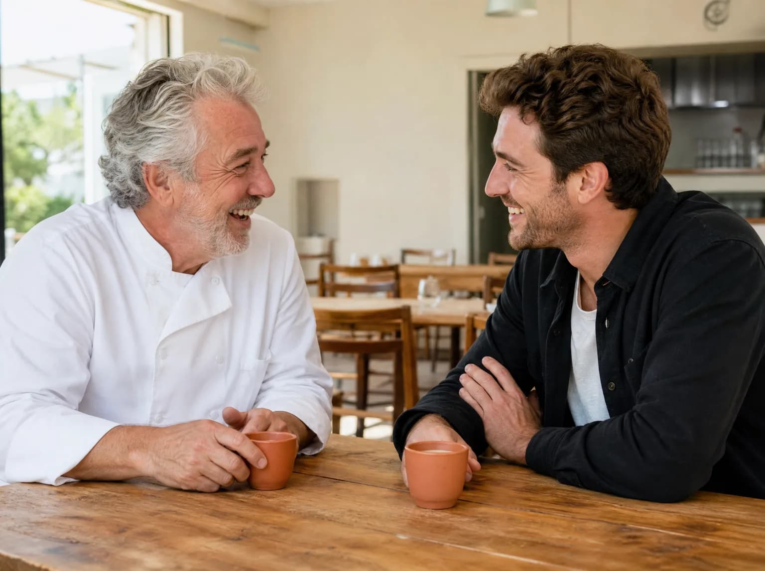 Un restaurateur qui part à la retraite et son jeune repreneur rient autour d'un café dans la salle vide.