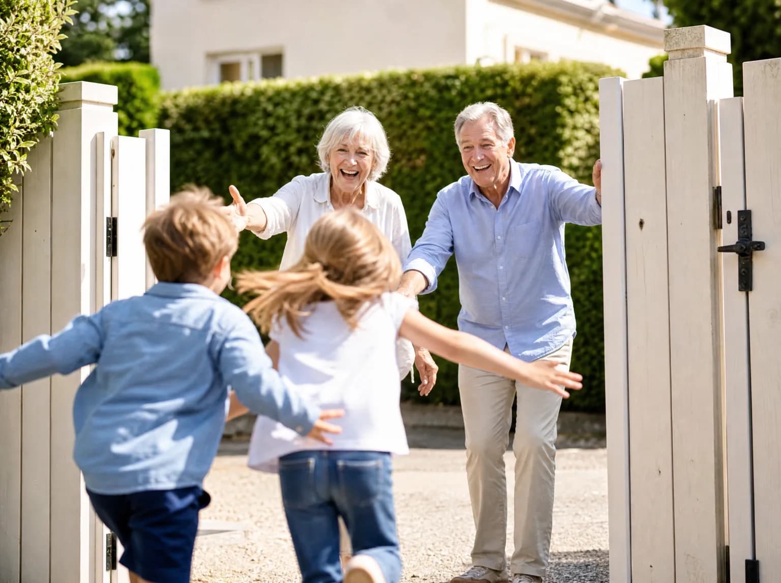 Des grands-parents accueillent leurs petits-enfants qui courent vers eux au portail du jardin.