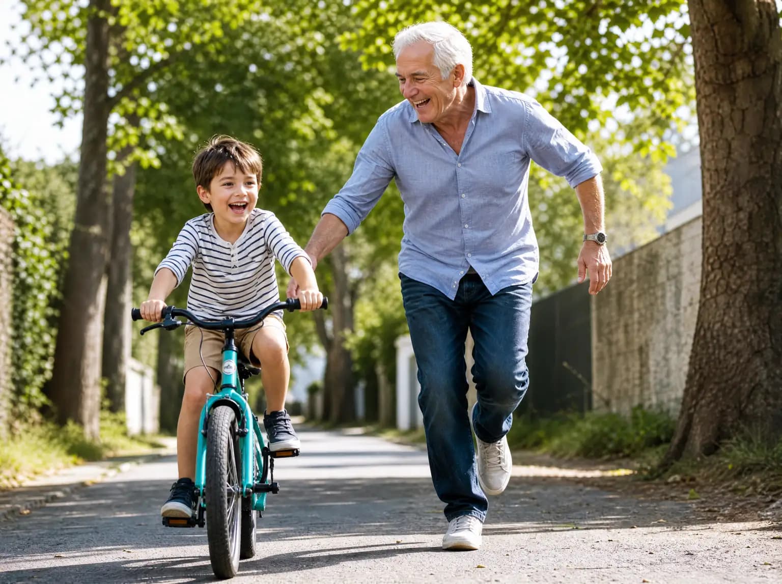 Un grand-père court à côté de son petit-fils qui apprend à faire du vélo sur une allée bordée d'arbres.