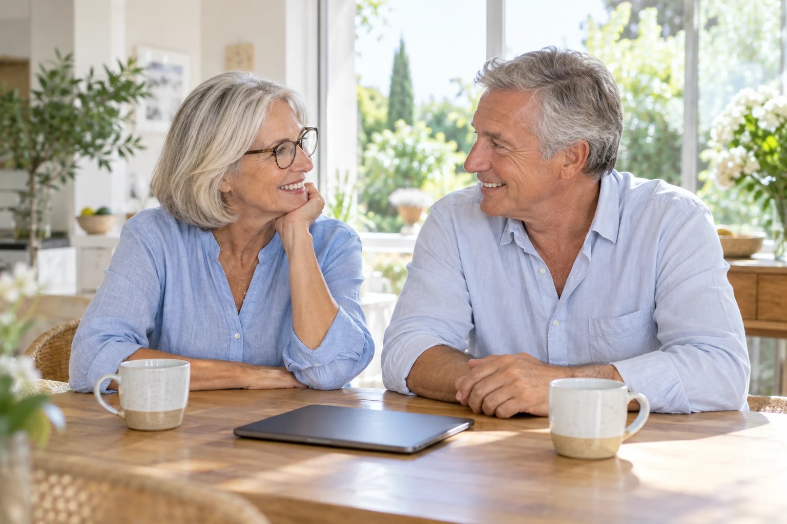 Un couple de seniors souriants échange à la table de sa cuisine.