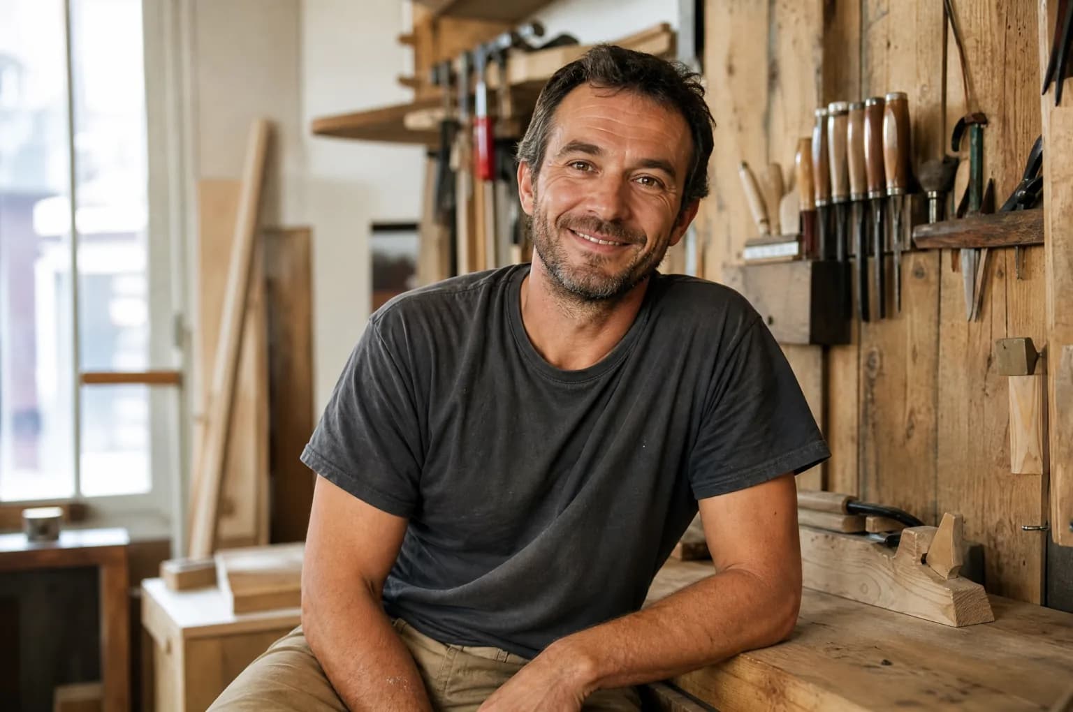 Un artisan menuisier fait une pause, assis sur son établi