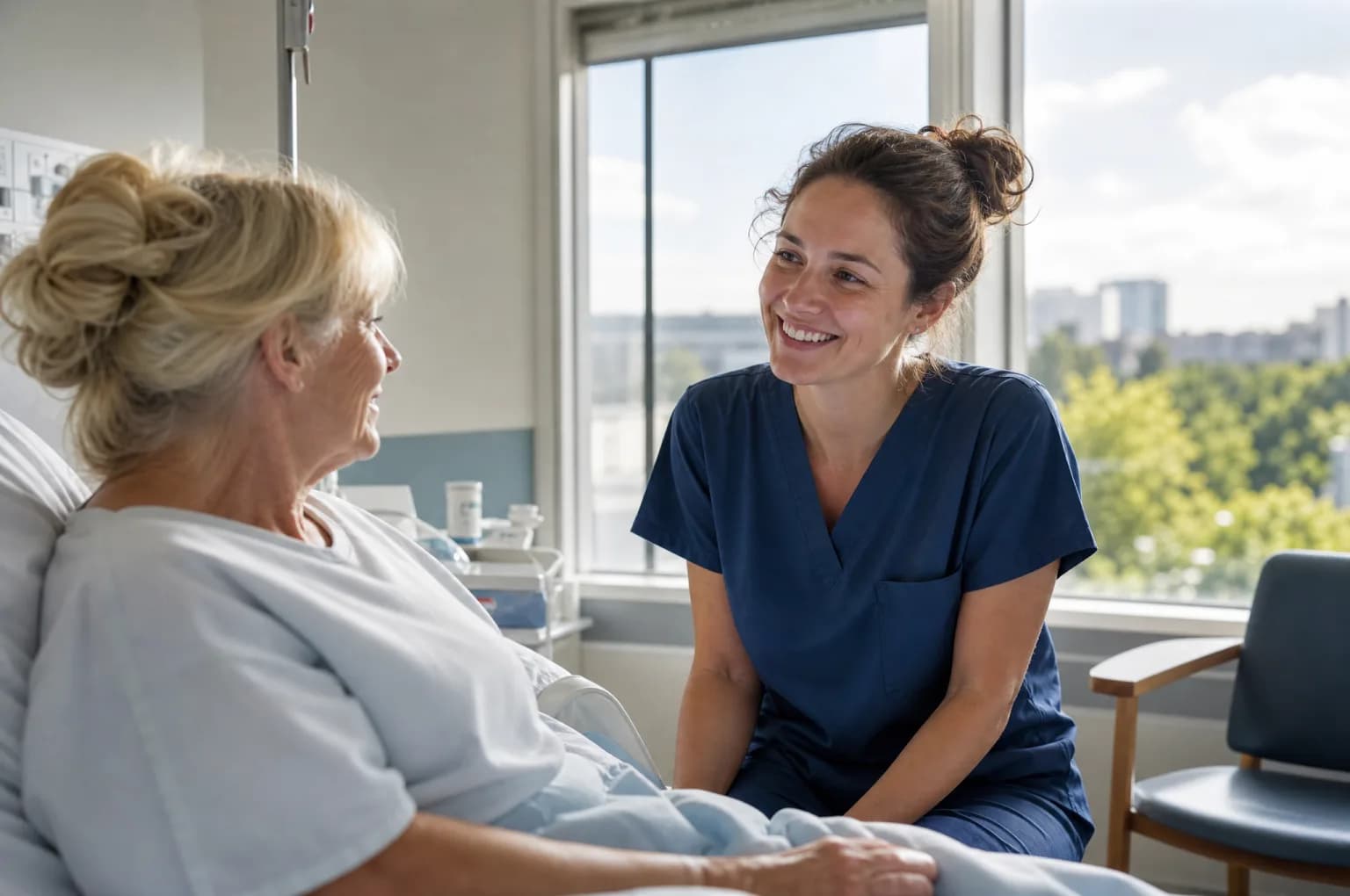 Une infirmière discute avec un patient assis près de la fenêtre d'une chambre d'hôpital