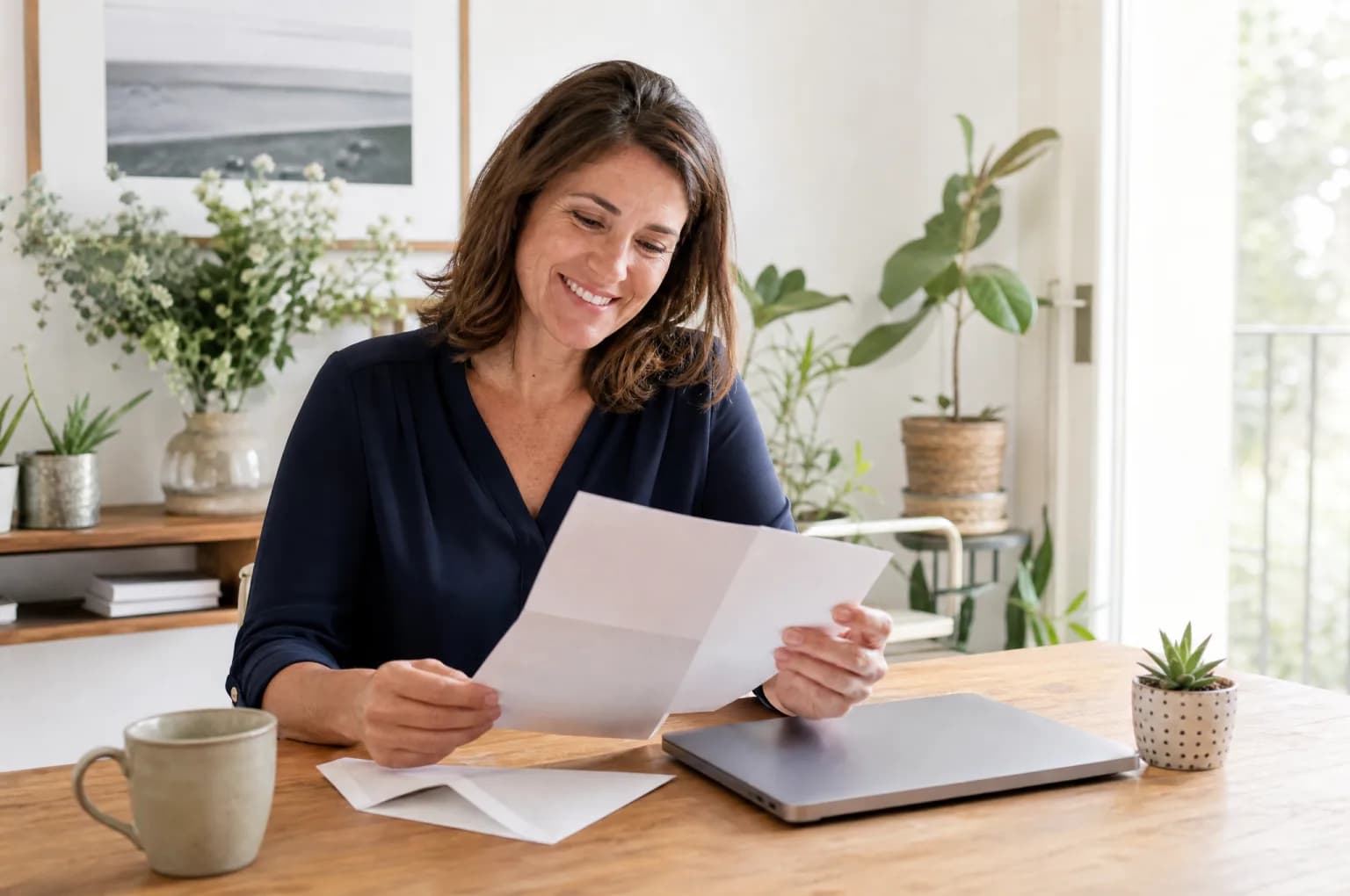 Une femme ouvre un courrier de son assureur à son bureau, à la maison