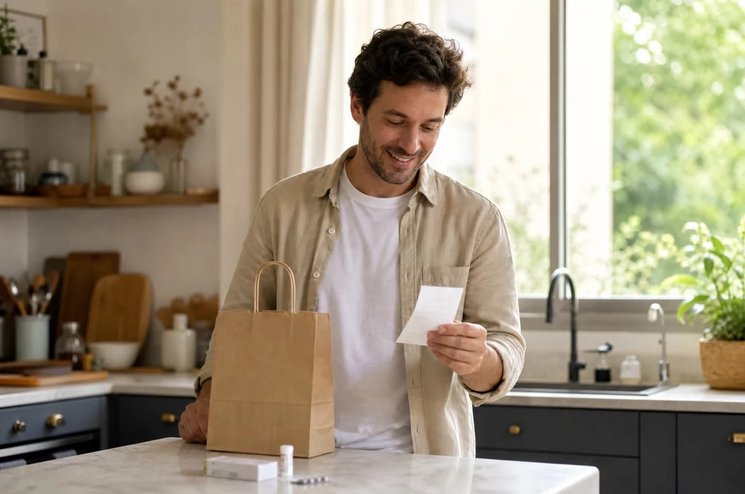 Un homme lit le ticket de sa pharmacie sur le plan de travail de sa cuisine