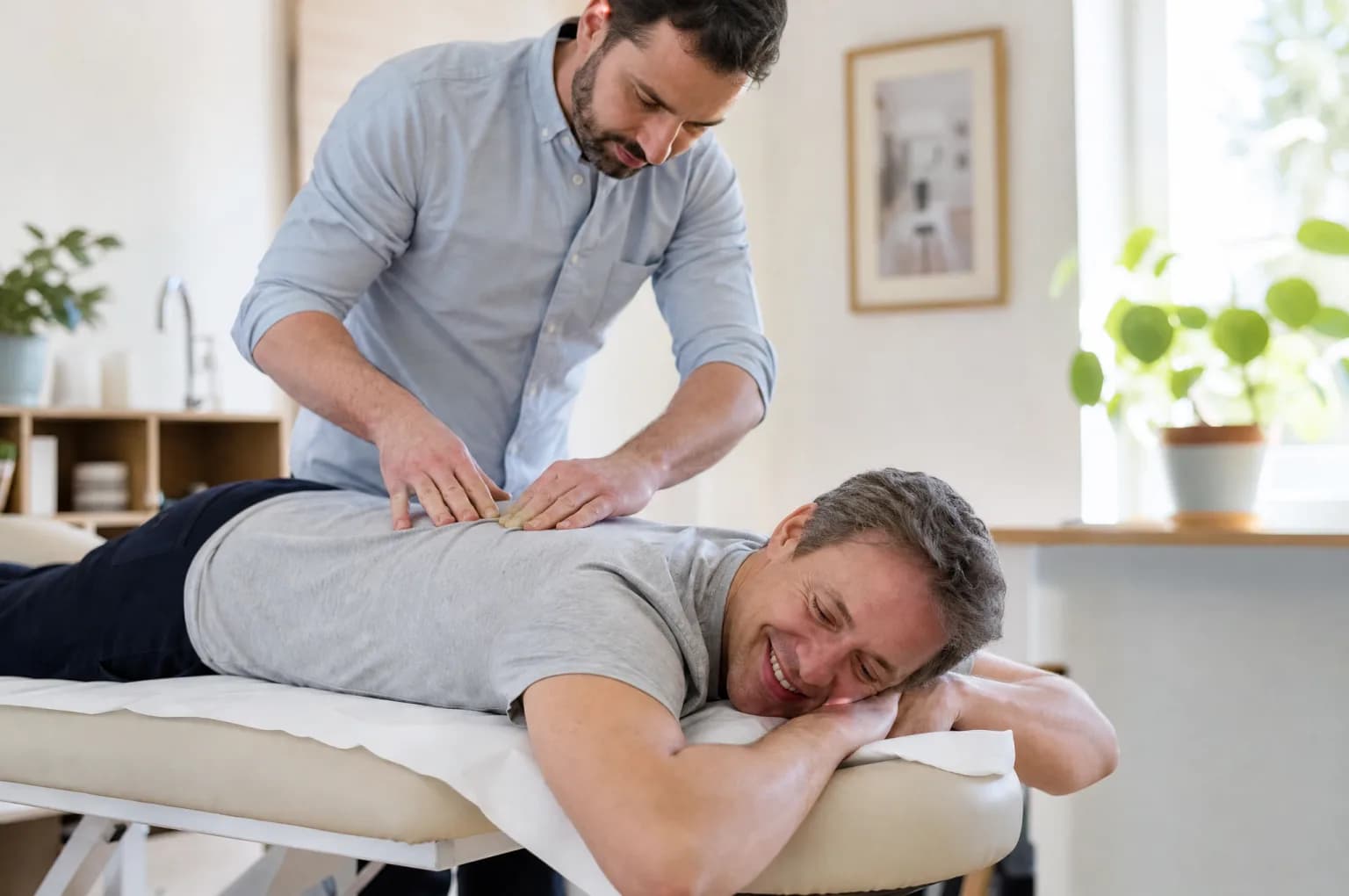Un ostéopathe soigne le dos d'un patient allongé sur la table de soins