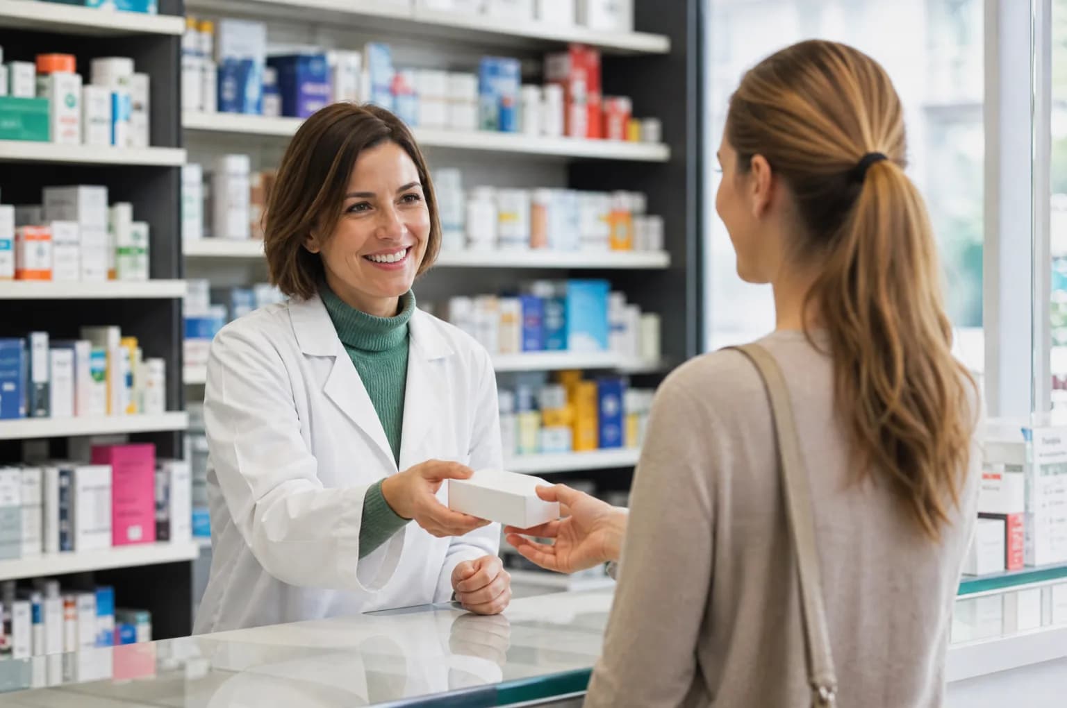 Une pharmacienne remet une boîte de médicaments à une cliente au comptoir