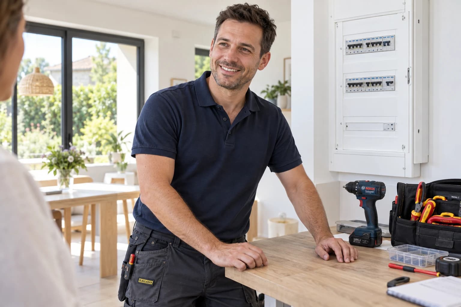 Un électricien souriant avec une tenue et des outils professionnels.