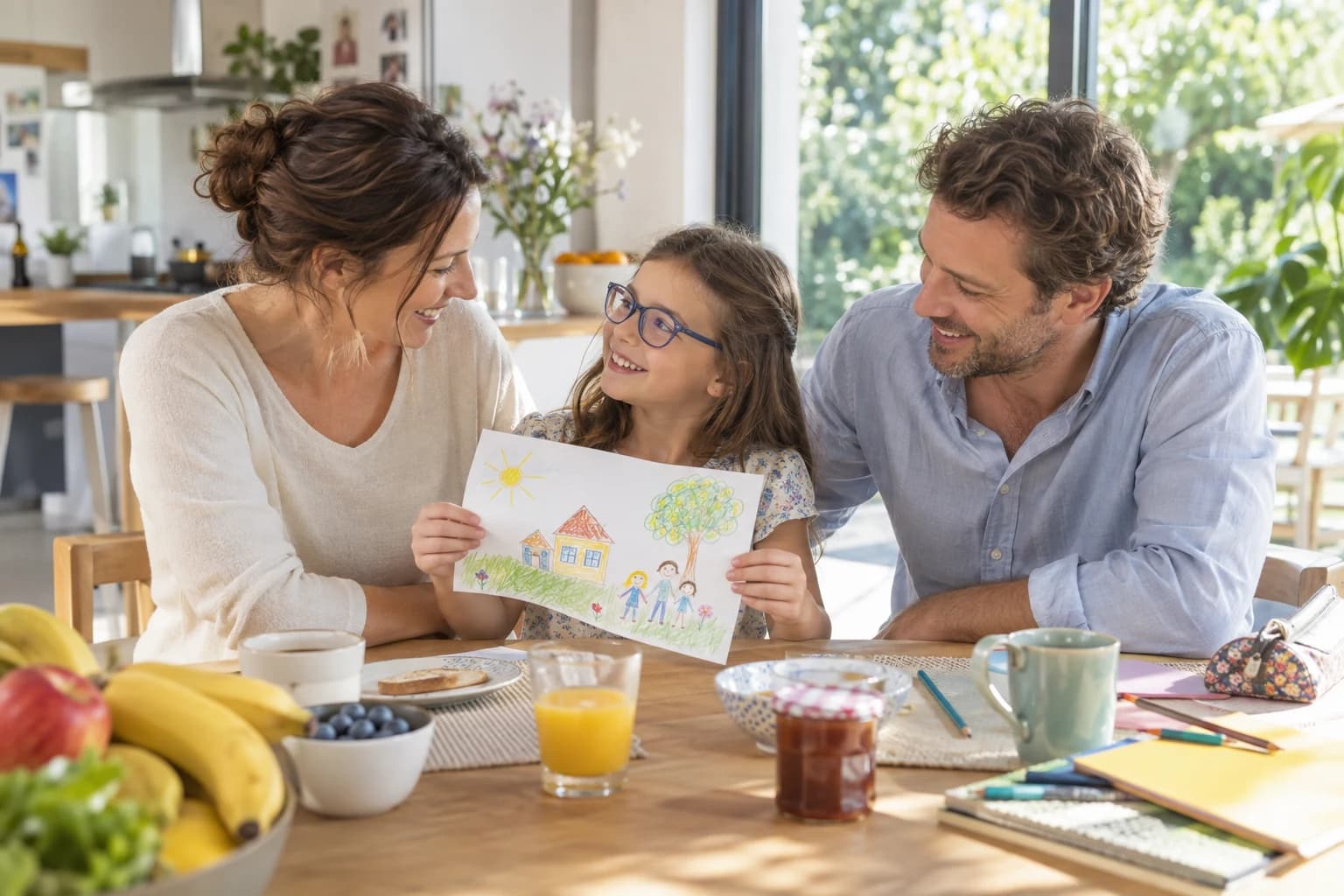Des parents souriants regardent le dessin de leur enfant portant des lunettes.