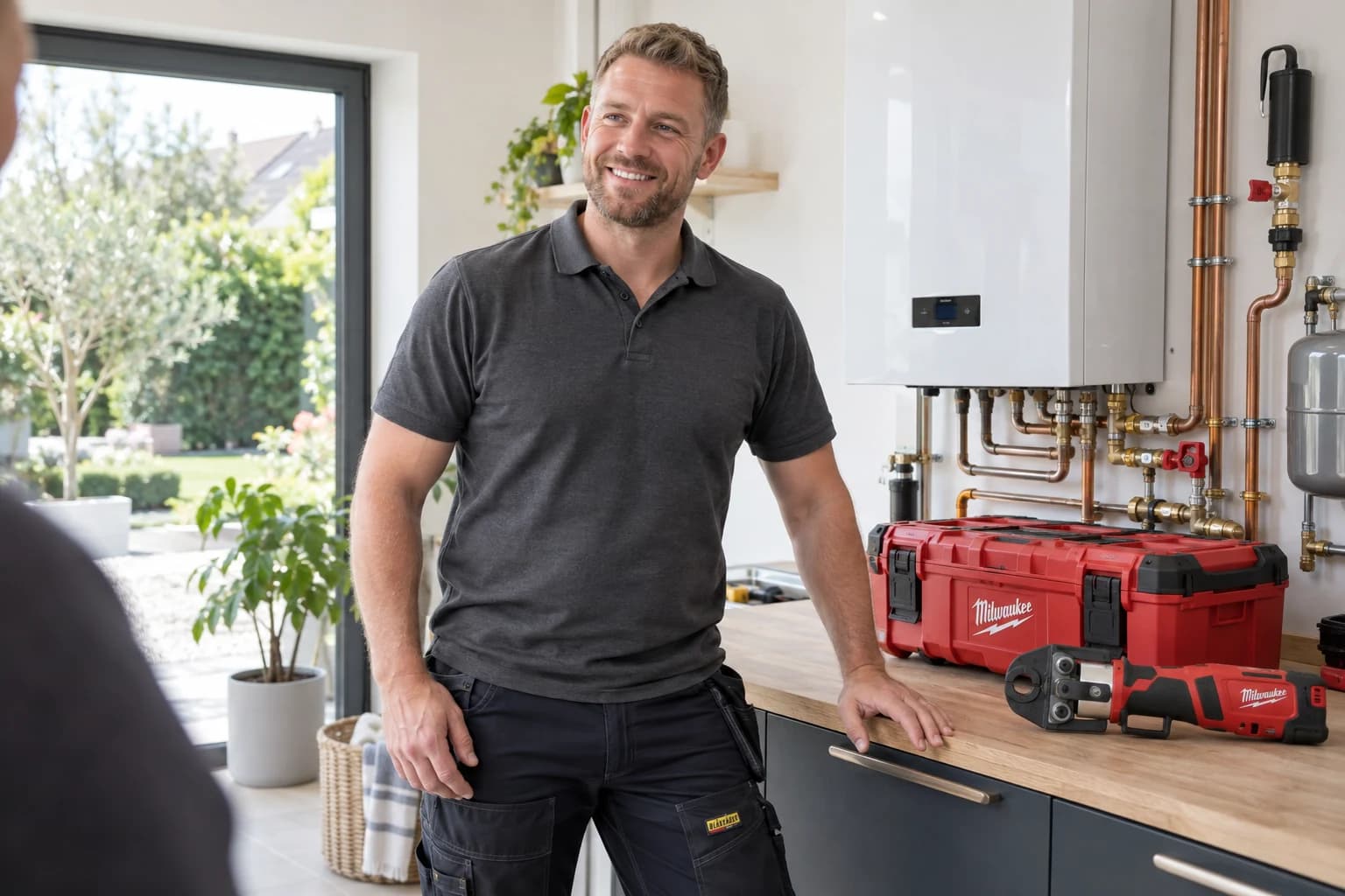Un plombier souriant dans un intérieur lumineux, avec son matériel.