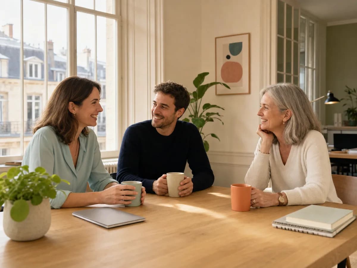Une petite équipe rit autour d'un café au bureau