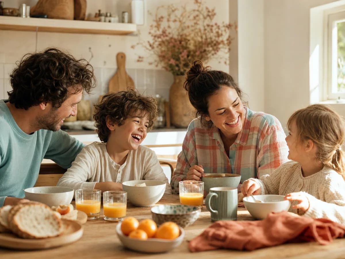 Une famille rit ensemble au petit-déjeuner