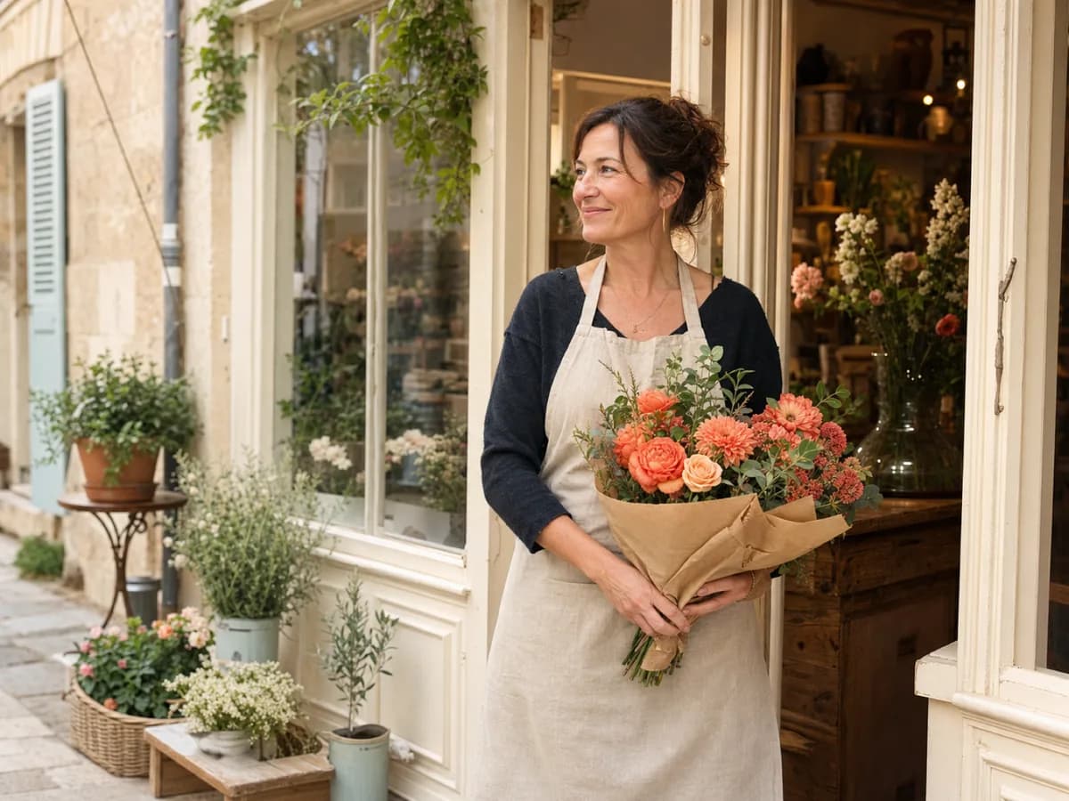 Une fleuriste souriante devant sa boutique