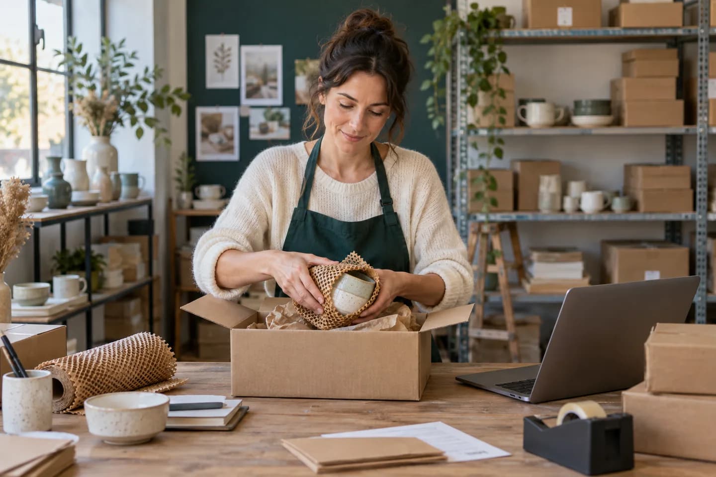 Une e-commerçante emballe une commande dans son atelier.