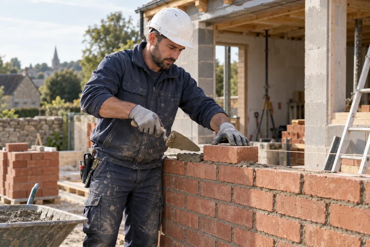Un maçon pose des briques sur un chantier d’extension.