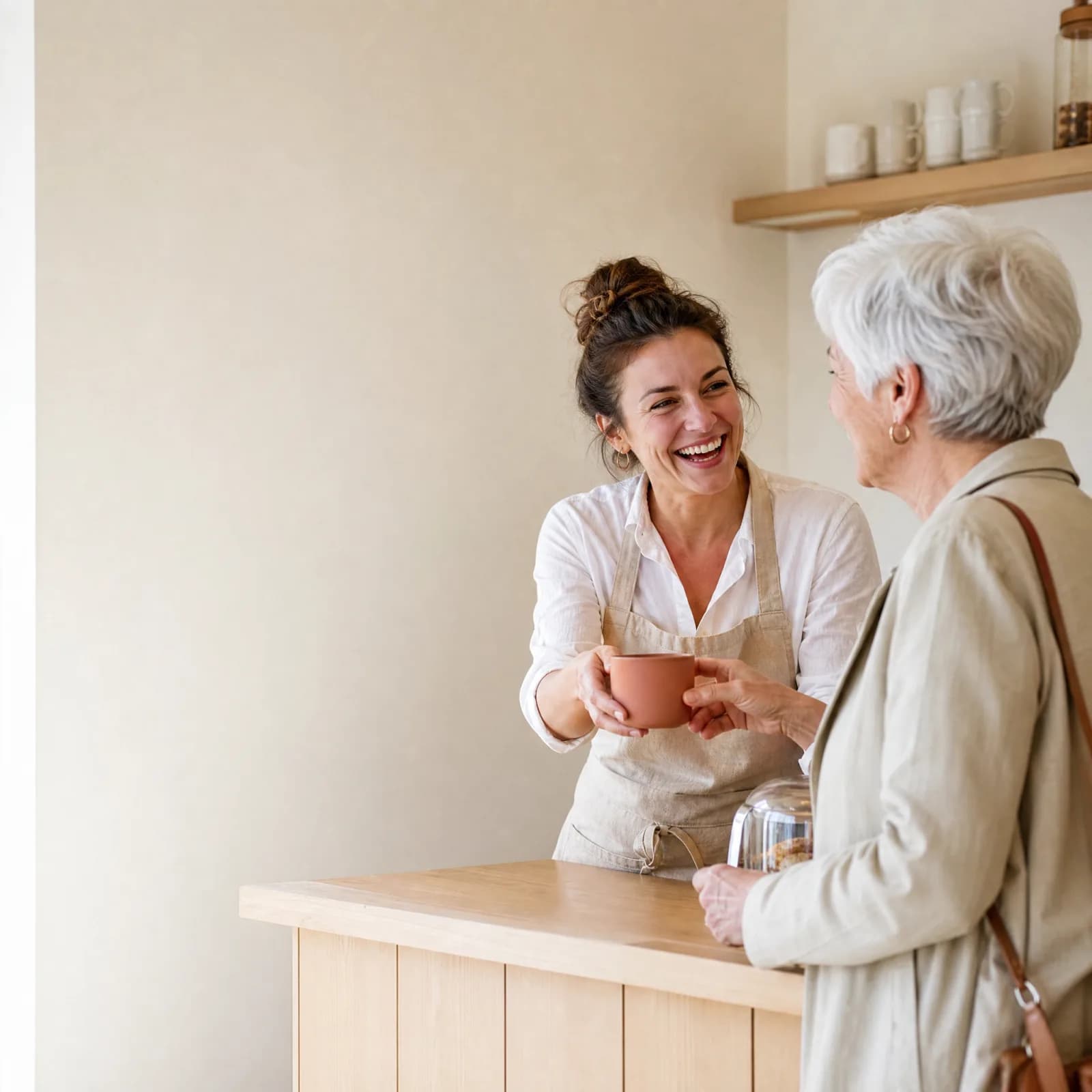 Une professionnelle accueille une cliente au comptoir de son commerce