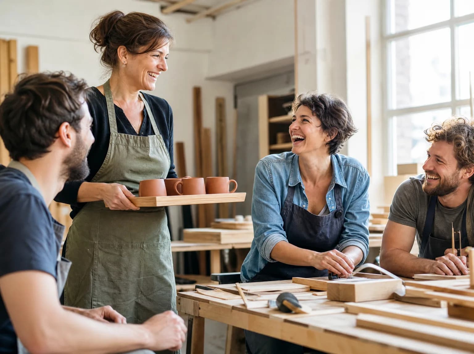 Une nouvelle dirigeante apporte un plateau de tasses à son équipe dans l'atelier, tout le monde rit.