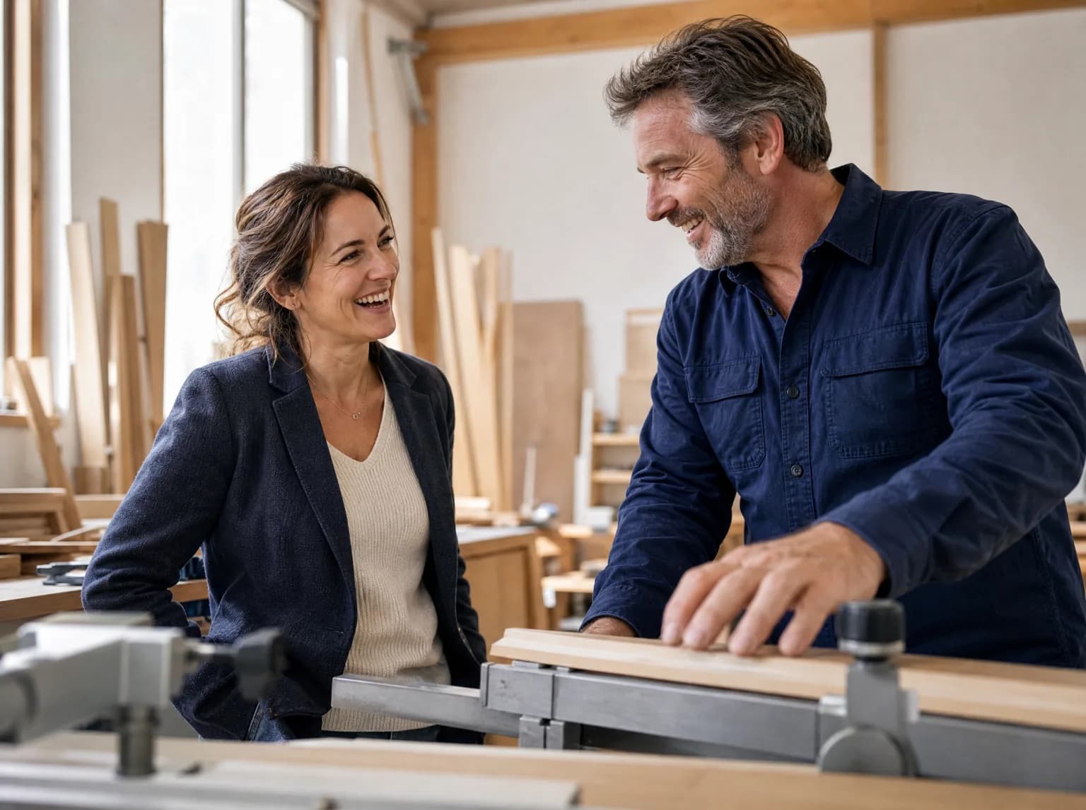 Une nouvelle dirigeante rit avec un salarié qui lui montre le fonctionnement d'une machine dans l'atelier.