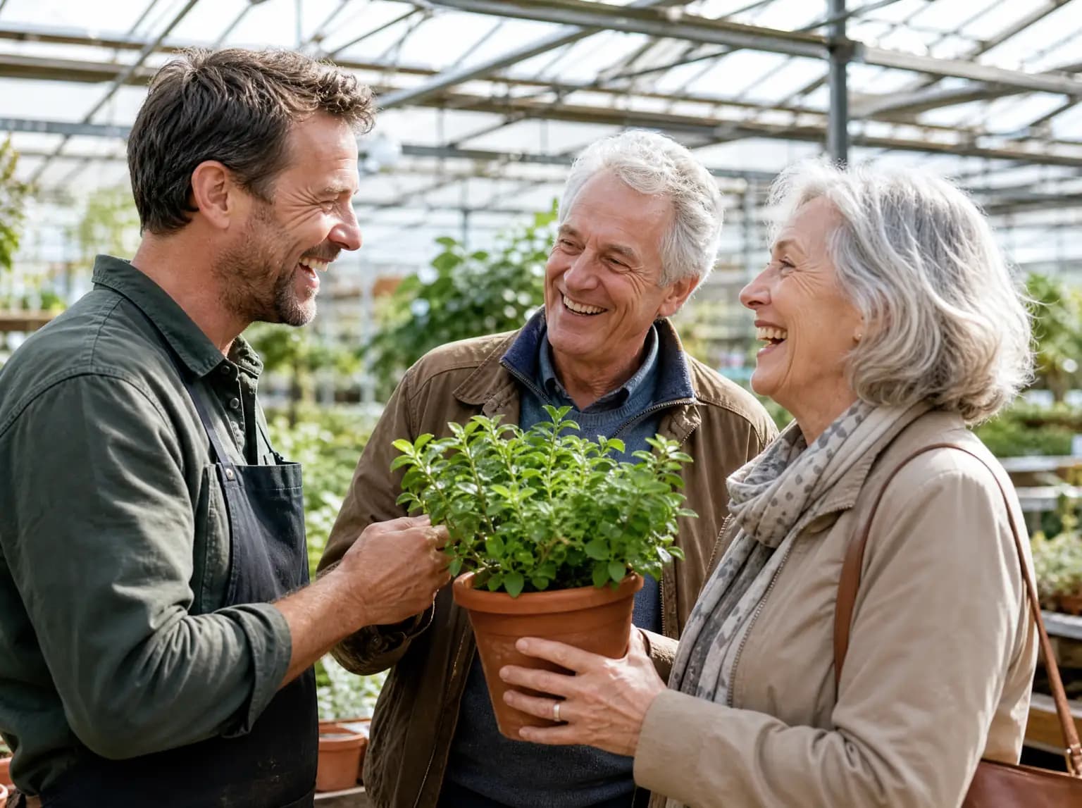 Le nouveau gérant d'une pépinière rit avec un couple de clients qui choisit une plante.