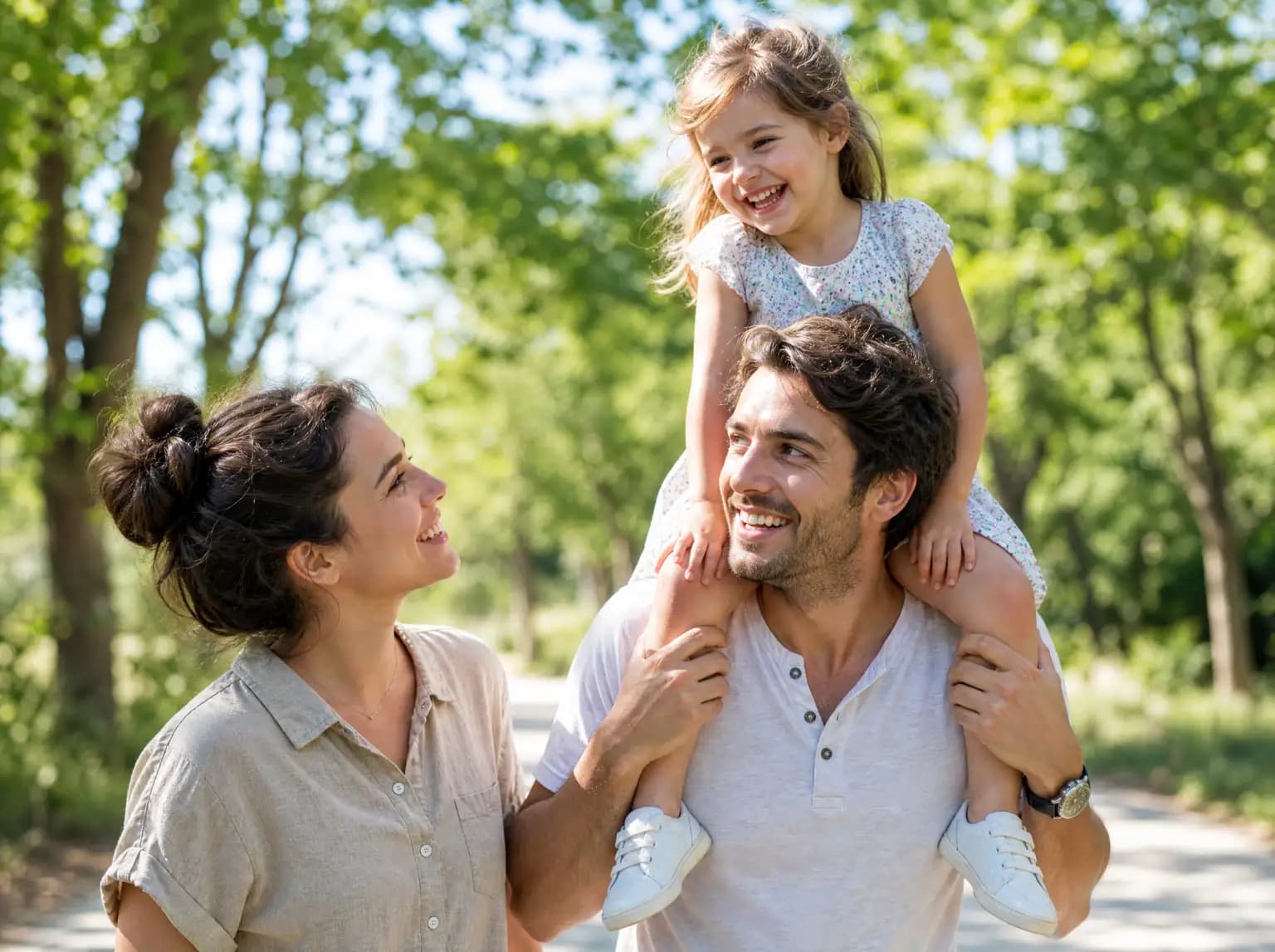 Des parents d'une trentaine d'années marchent dans un parc, leur enfant sur les épaules du père.