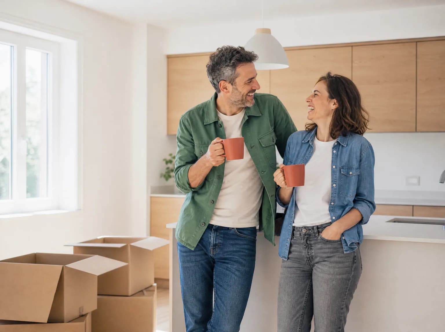Un couple d'une quarantaine d'années rit autour d'un café dans une cuisine lumineuse, des cartons encore ouverts.