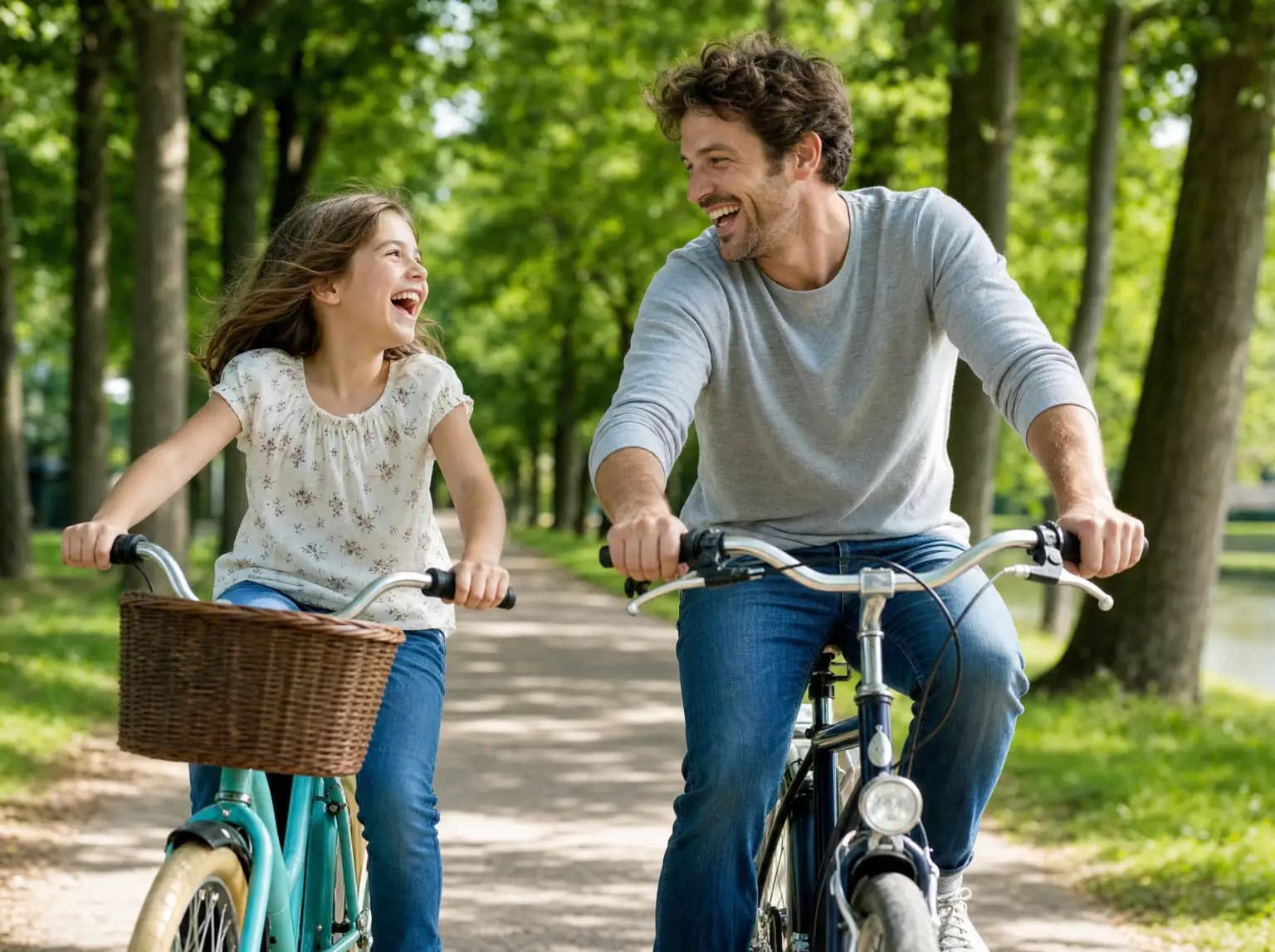 Un père et sa fille roulent à vélo côte à côte dans une allée d'arbres, en riant.