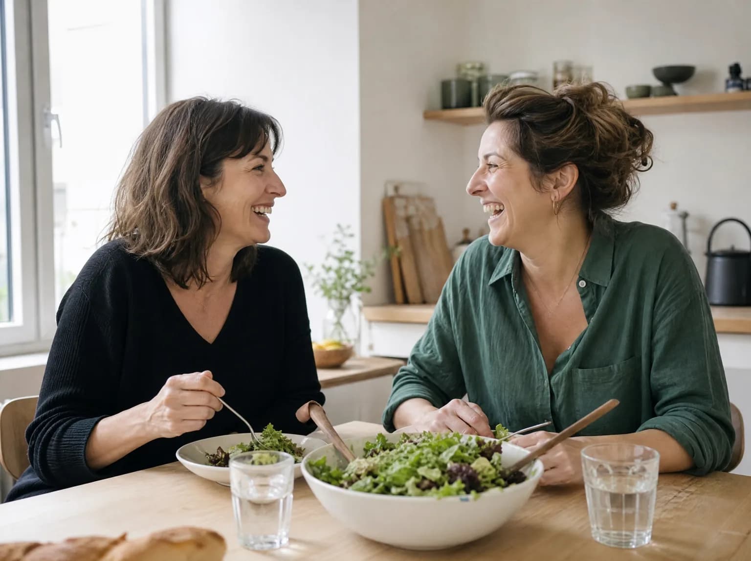 Deux amies d'une quarantaine d'années rient en déjeunant à une table de cuisine lumineuse.
