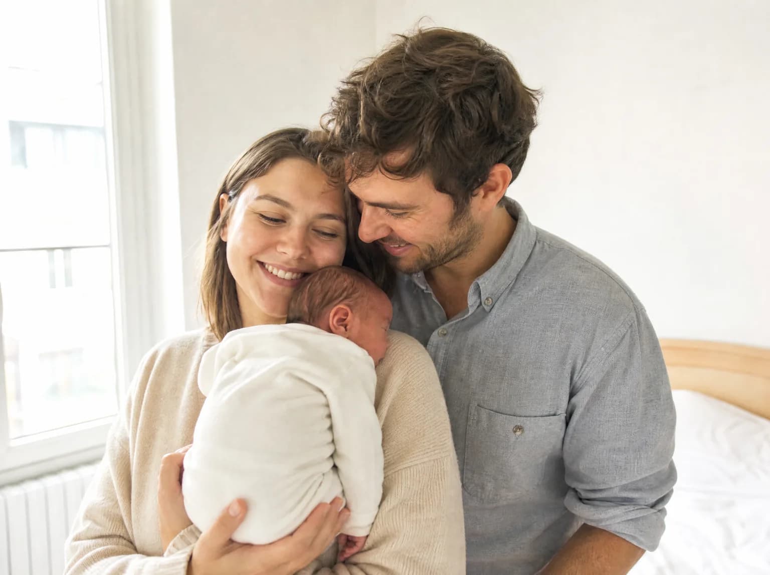 De jeunes parents sourient tendrement à leur nouveau-né dans une chambre lumineuse.