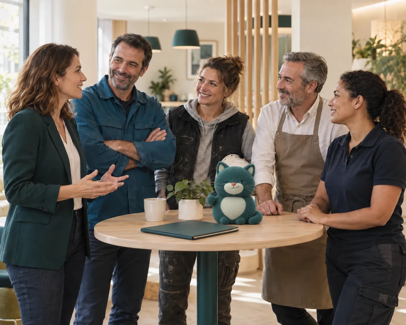 Des professionnels du conseil, de l’industrie, du bâtiment, du commerce et de la logistique réunis autour d’une table avec la mascotte Zeneli