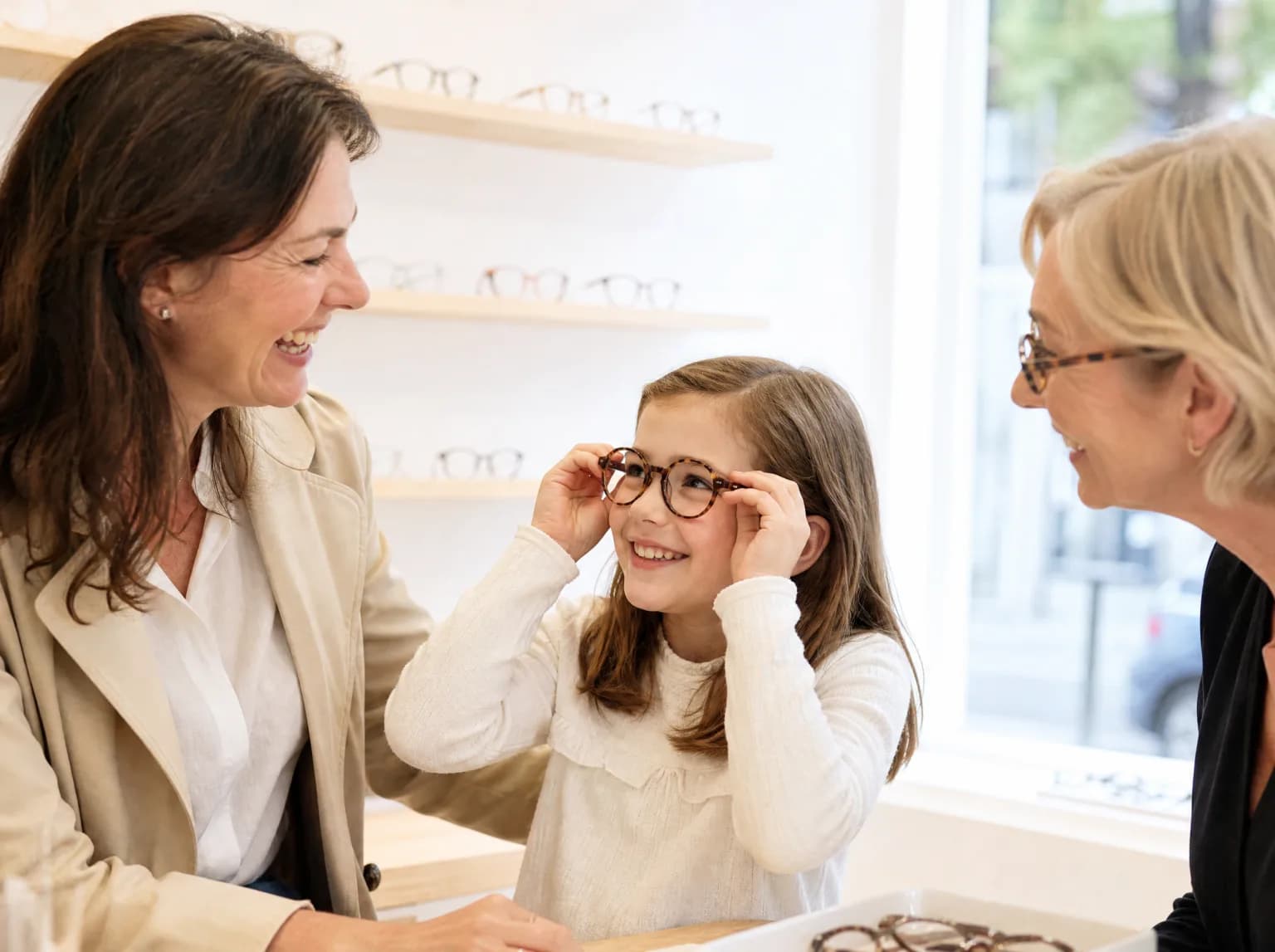 Une mère et sa fille rient chez l'opticien pendant l'essai d'une monture.
