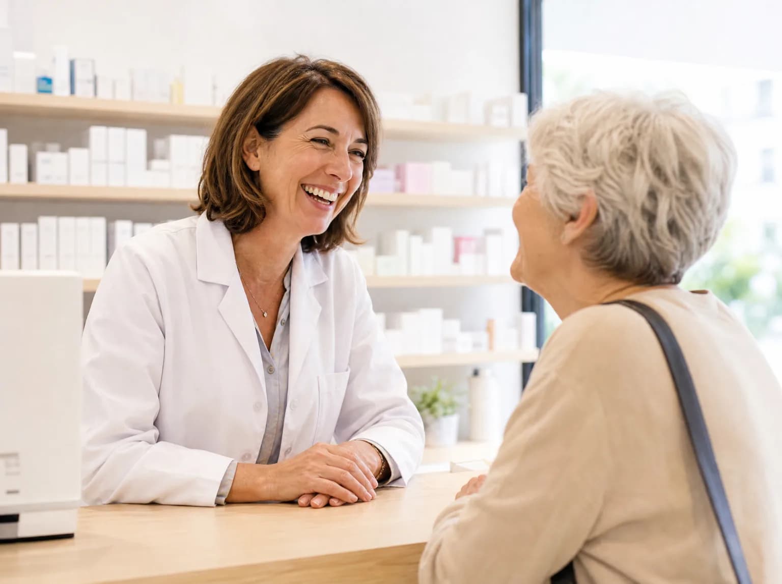 Une pharmacienne rit avec une cliente au comptoir d'une pharmacie lumineuse.