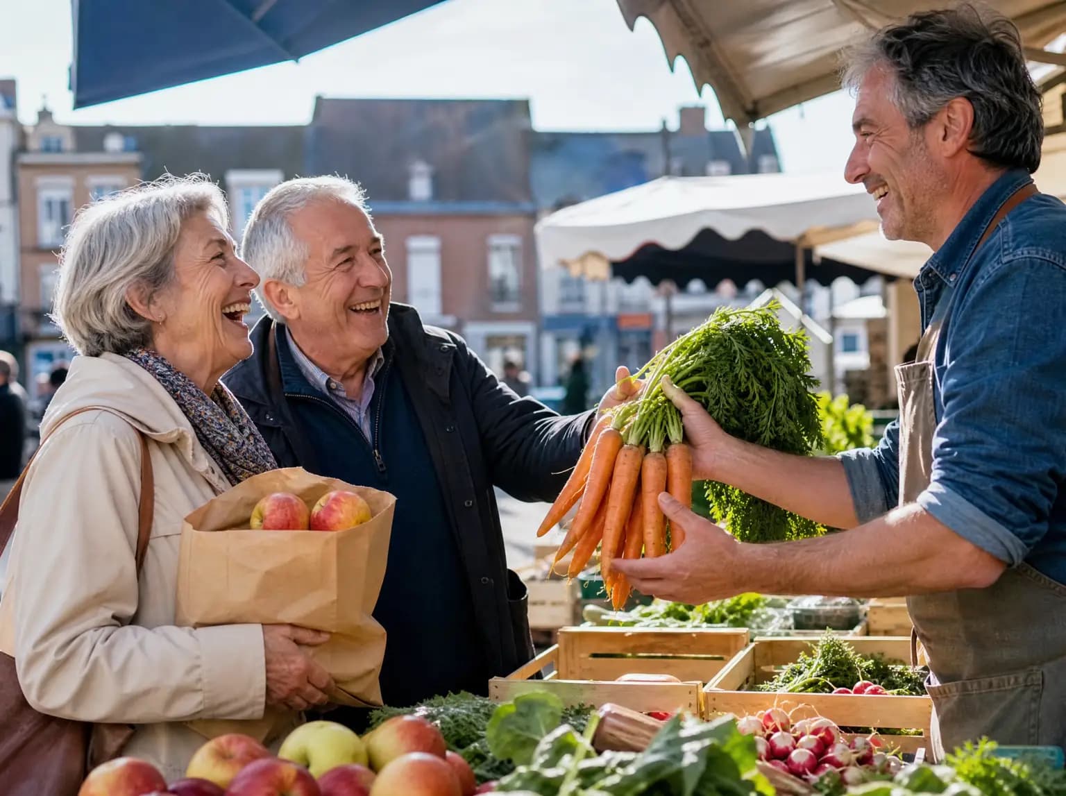 Un couple de retraités rit avec un maraîcher sur un marché de plein air.