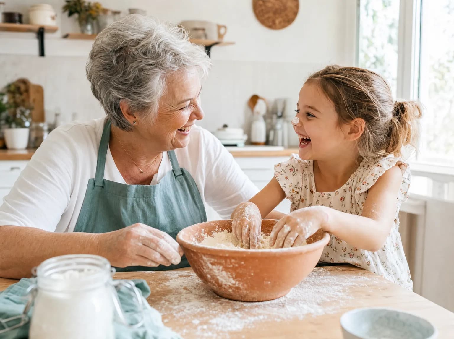 Une grand-mère et sa petite-fille rient en préparant un gâteau dans une cuisine lumineuse.