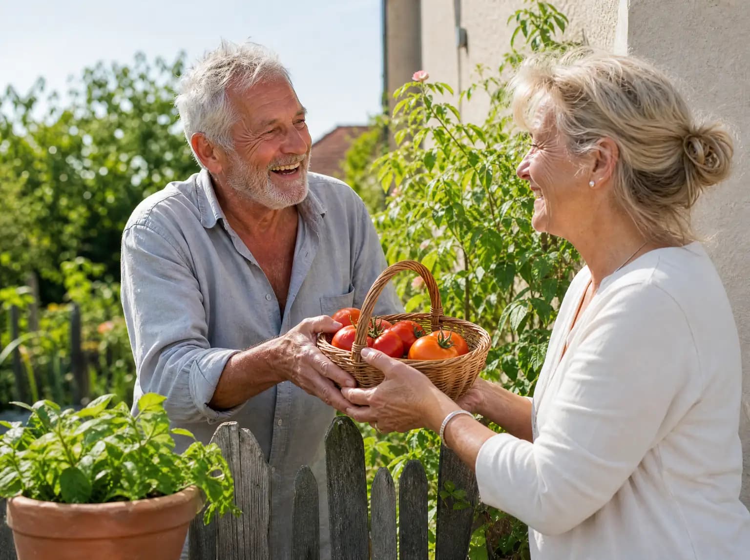 Un homme d'environ soixante-dix ans tend un panier de tomates à sa voisine par-dessus la clôture du potager.