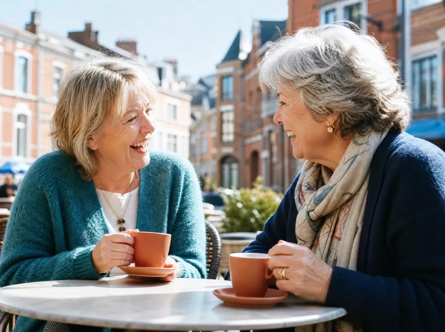 Deux amies d'environ soixante-cinq ans rient autour d'un café en terrasse, devant des façades de briques.