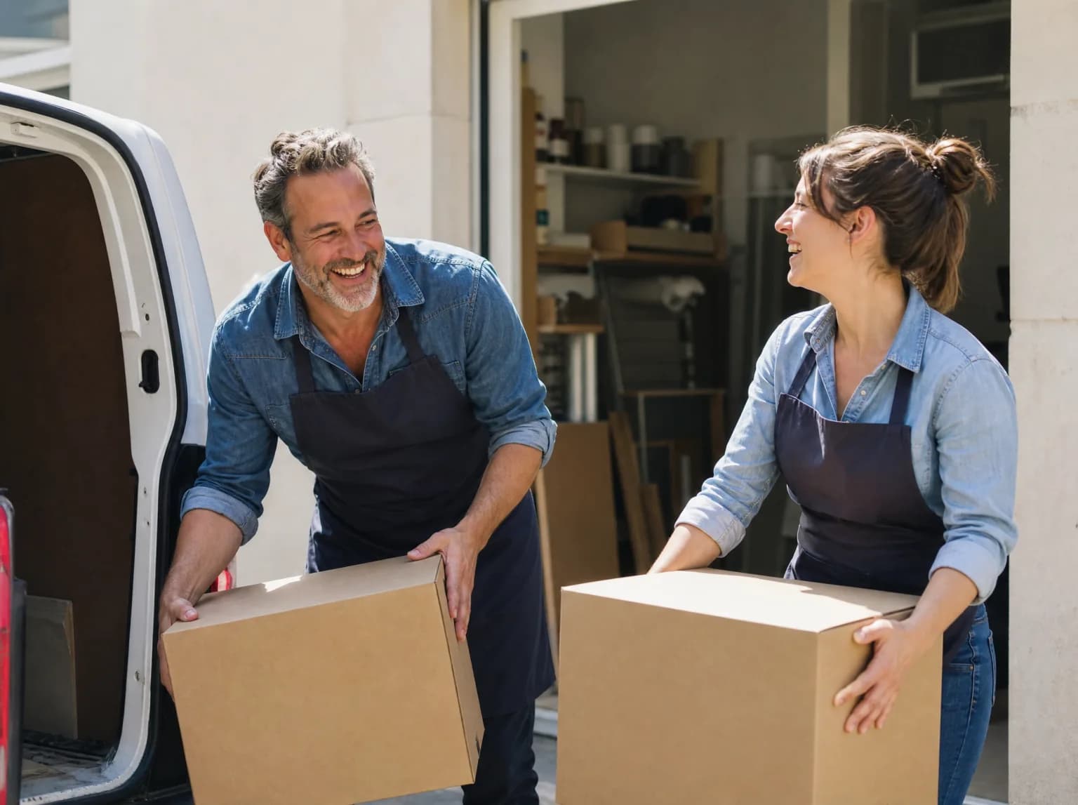 Un gérant et une salariée chargent des cartons dans la camionnette de l'entreprise en riant.