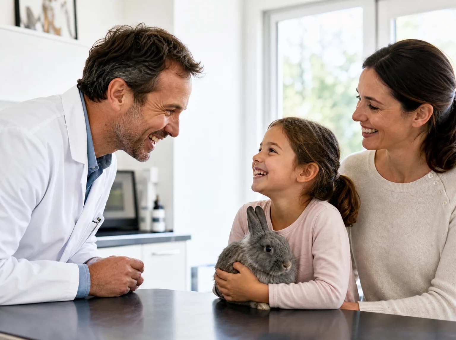 Un vétérinaire rit avec une petite fille qui tient son lapin sur la table d'examen.