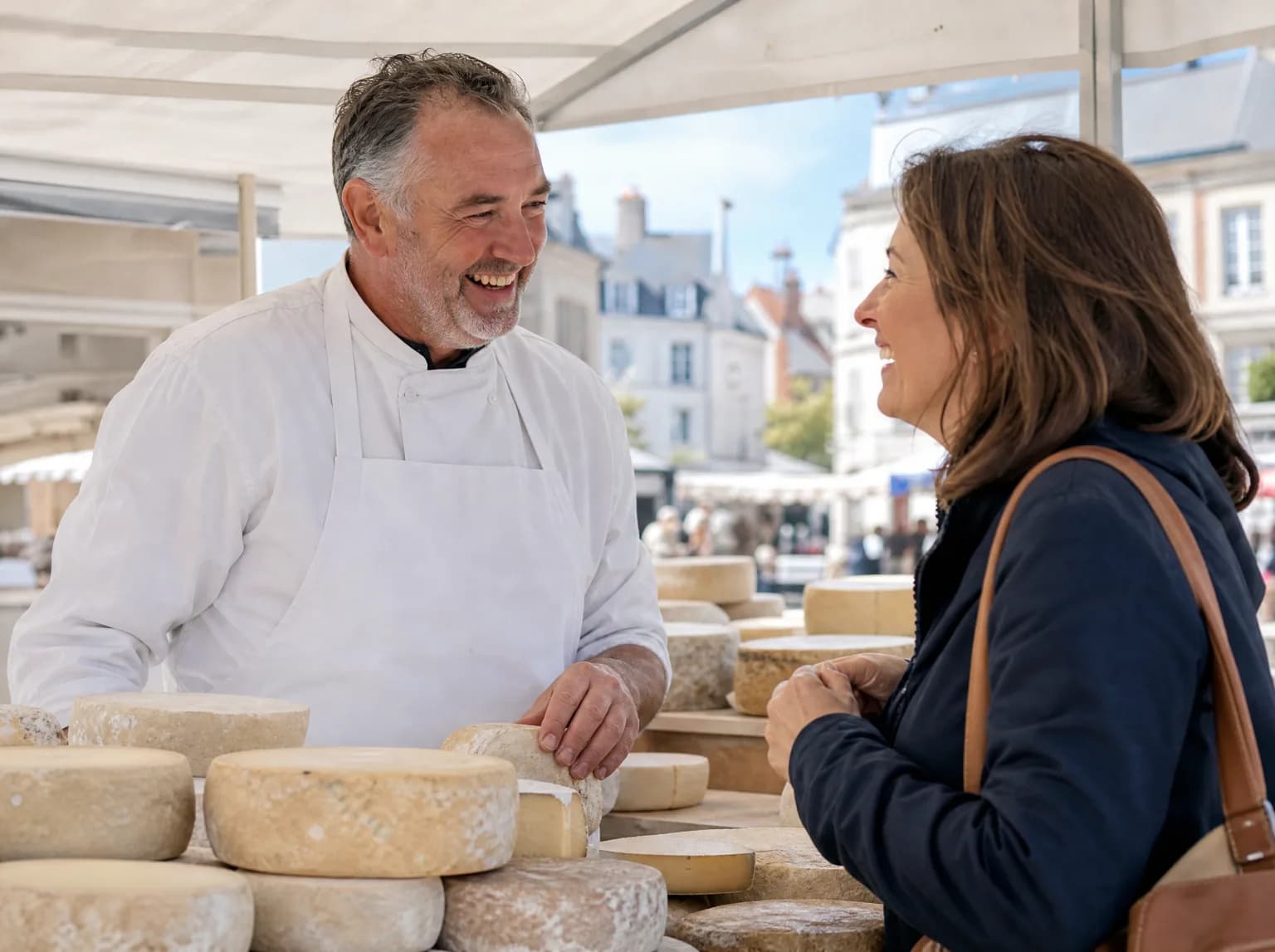Un fromager rit avec une cliente sur son étal de marché.