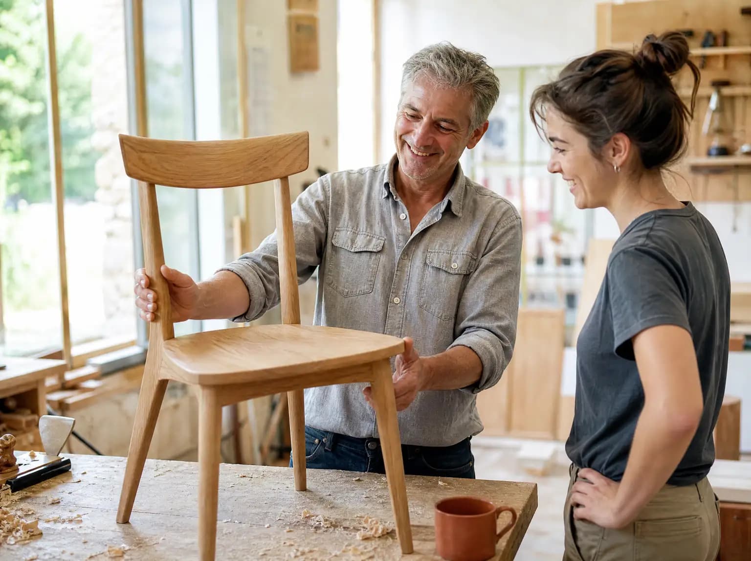 Un menuisier montre une chaise finie à son apprentie dans son atelier lumineux, tous deux souriants.